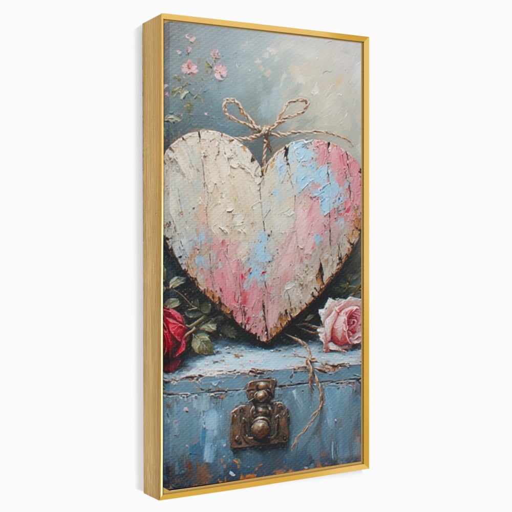 Tablou canvas cu tablou canvas cu inima din lemn si flori, in rama de aluminiu auriu